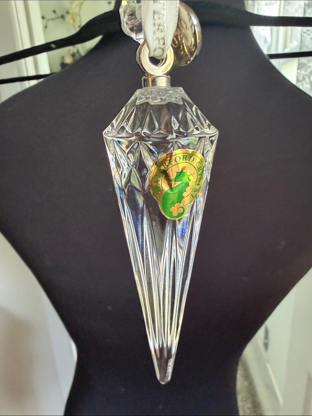 Waterford Clear Crystal Faceted Pendant Necklace with Ribbon
